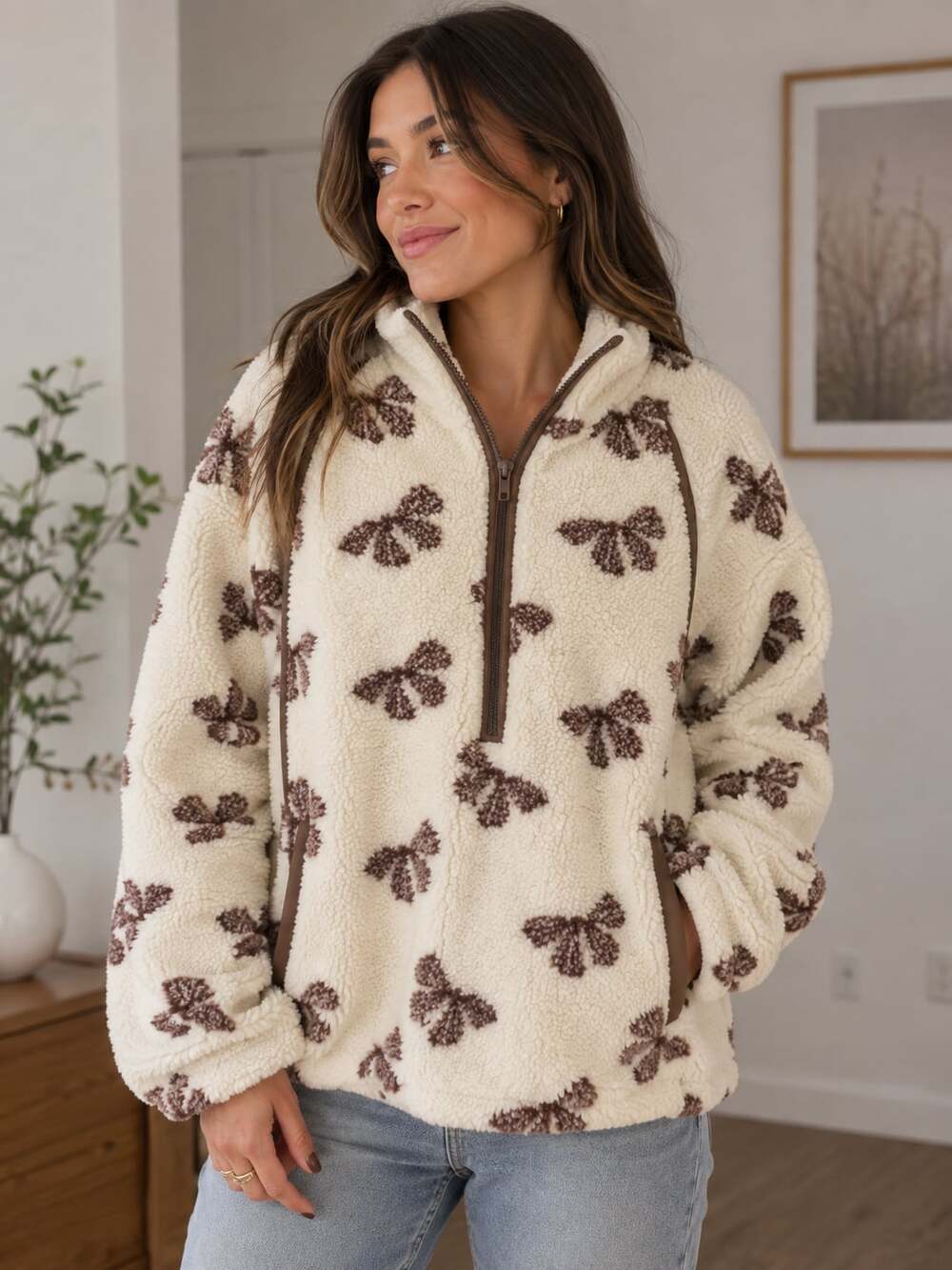 New In Cream Brown Bow Pattern Sherpa Fleece Quarter-Zip Pullover Jacket